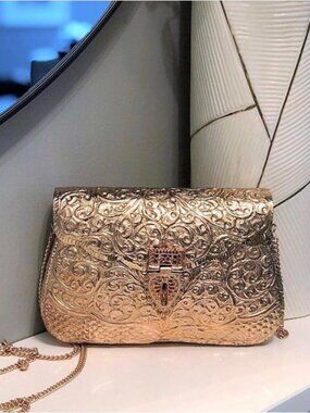 GOLD BRASS CLUTCH | EMBOSSED EVENING BAG WITH CHAIN STRAP